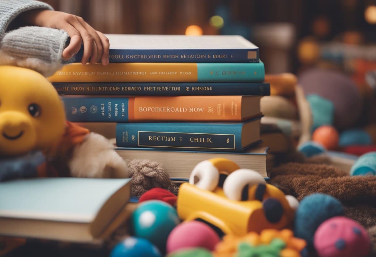 A stack of colorful books surrounded by children's toys and a cozy reading nook with a soft rug and pillows. A child's hand reaching for a book with excitement