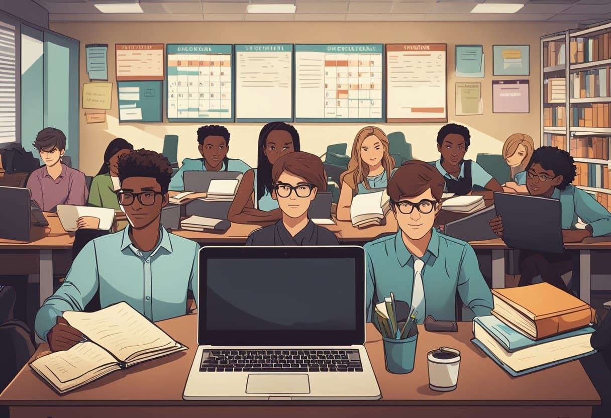 Students sit at desks, surrounded by books and study materials. A motivational poster hangs on the wall. A laptop displays a list of academic goals. A calendar marks important deadlines