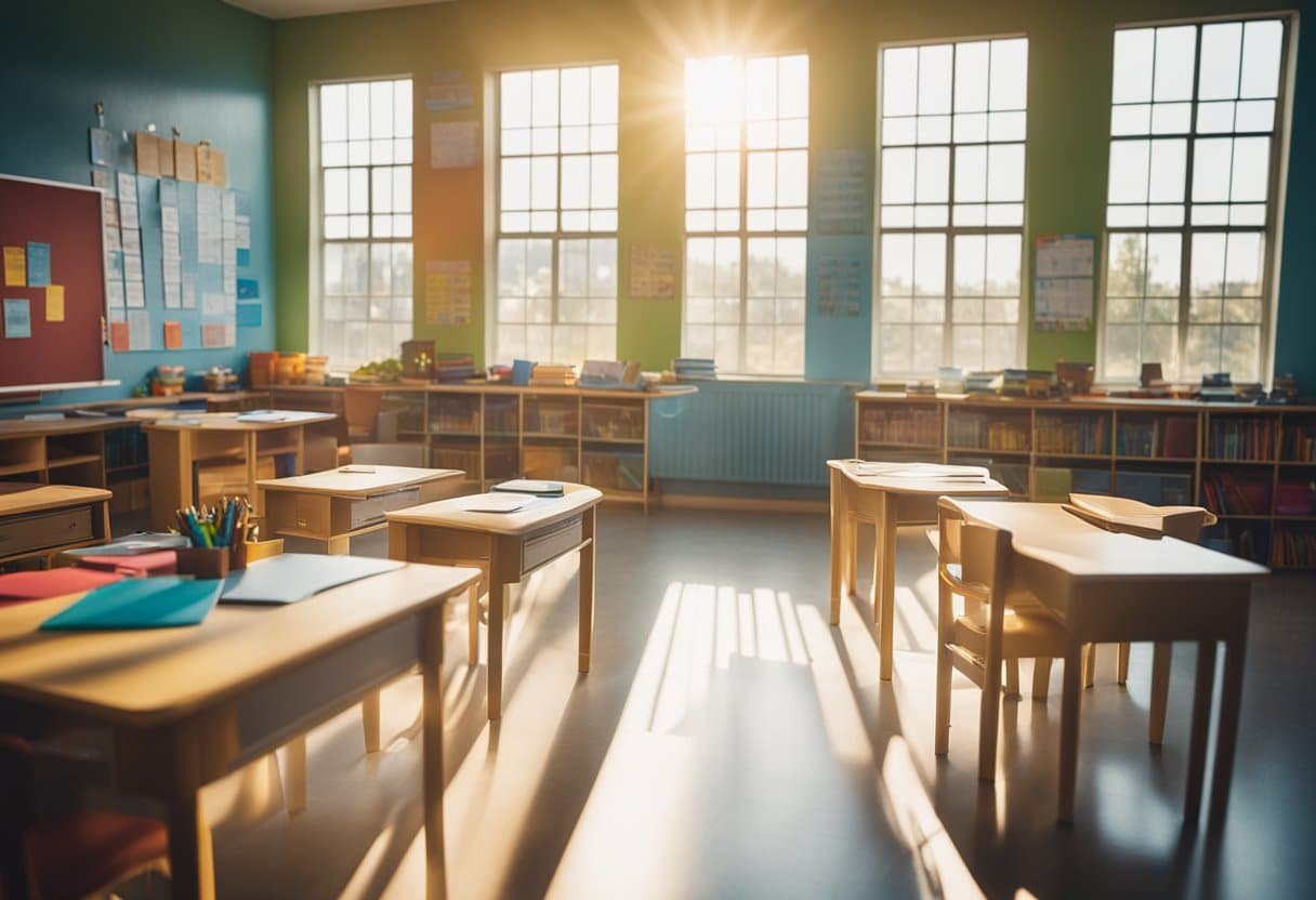 Bright, colorful classroom with motivational posters, organized desk, and a variety of school supplies. Rays of sunlight streaming through the window
