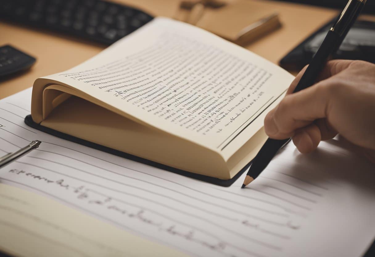 A desk with a lined notebook, a pencil, and a cursive handwriting guide. A teacher's hand demonstrating proper cursive letter formation