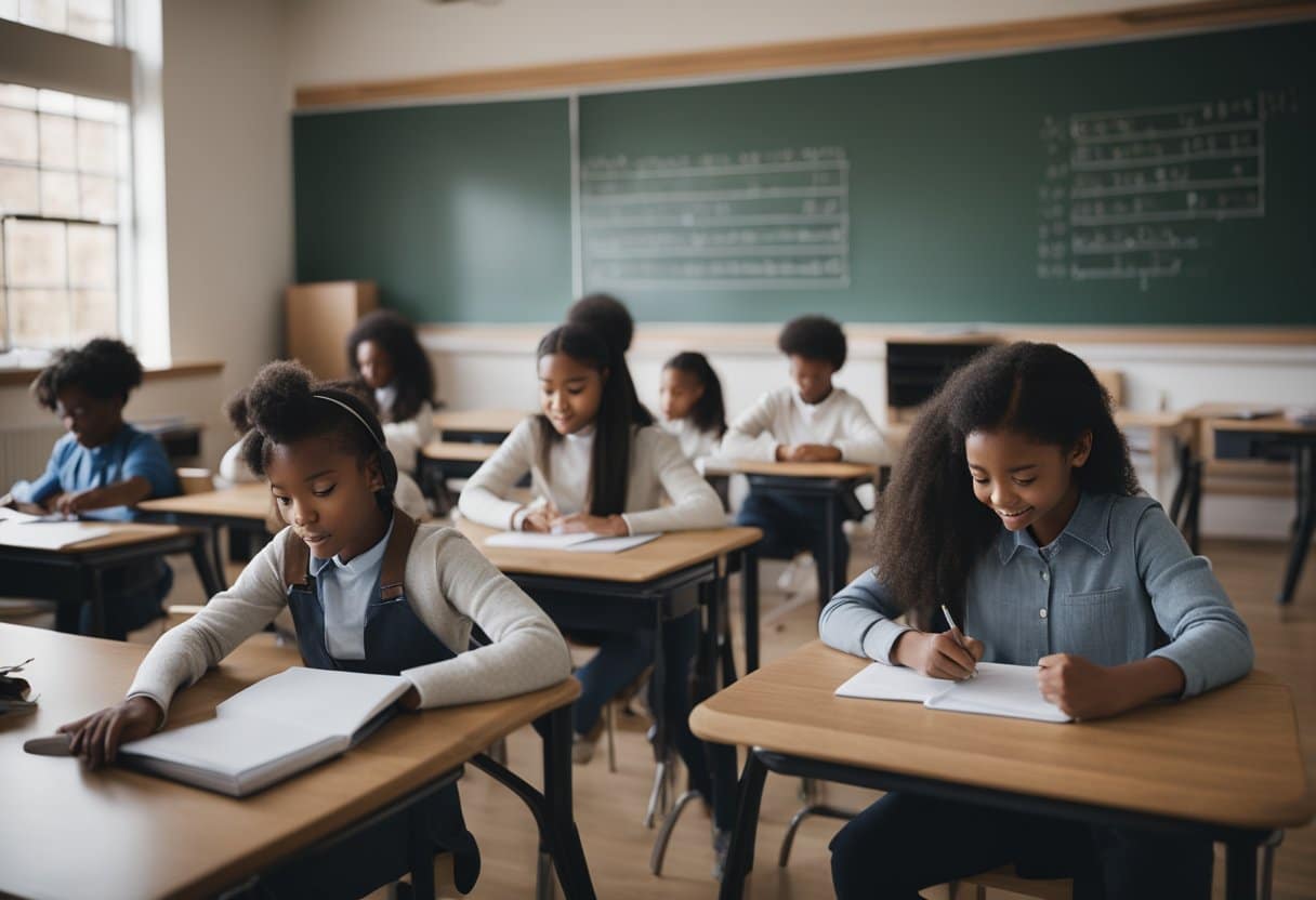 A classroom with students practicing cursive, using various teaching methods like tracing, copying, and writing on chalkboards. A teacher demonstrates proper technique while students work independently
