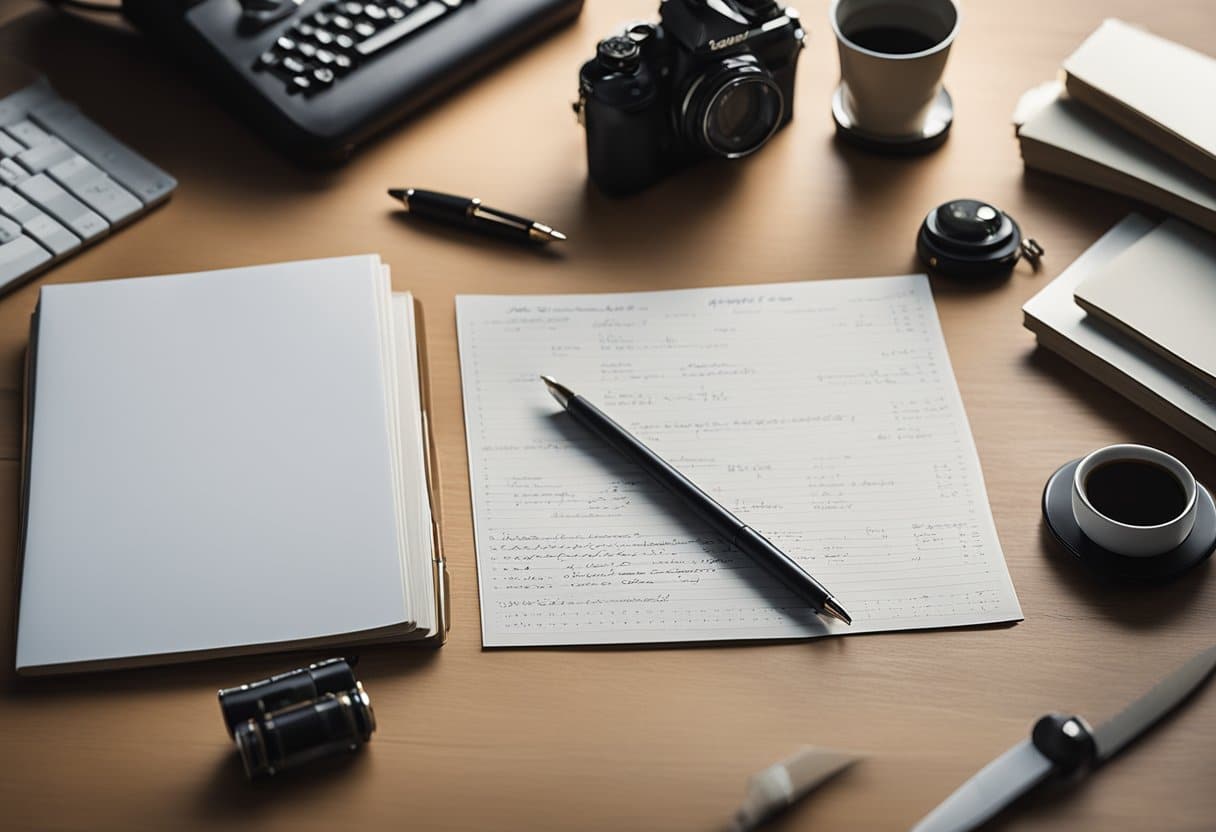 A desk with various writing utensils, paper, and a cursive handwriting guide. Different styles of cursive letters are displayed in examples around the desk