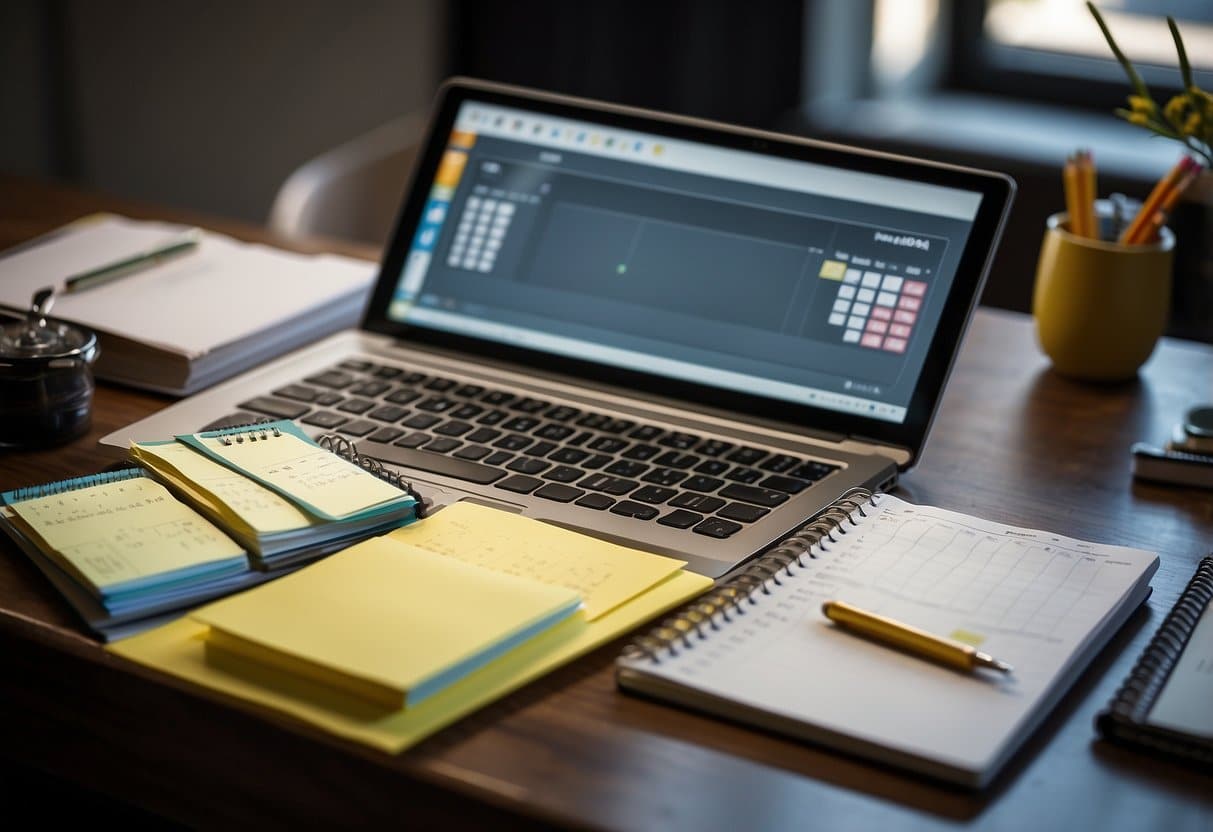 A desk with a calendar, clock, and various study materials. Post-it notes with subjects and time slots. A laptop or planner open to a schedule