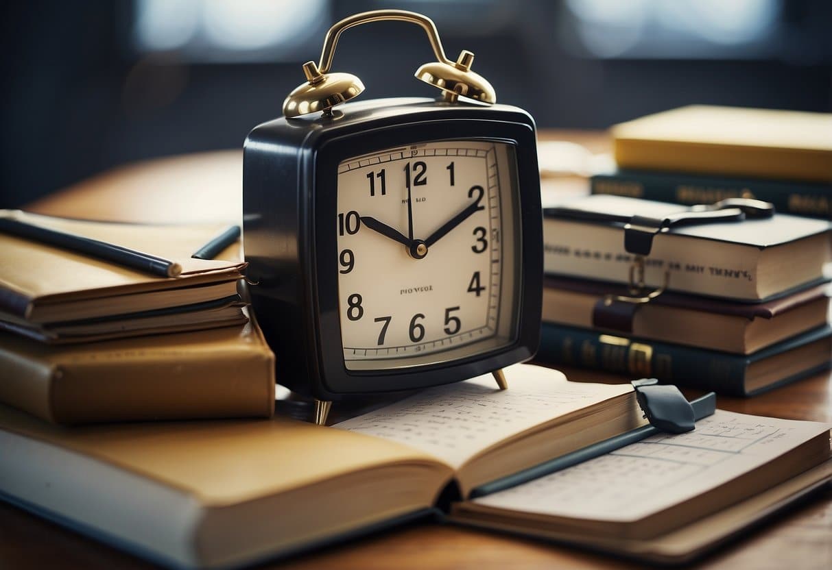 A cluttered desk with a calendar, textbooks, and notes. Some topics are highlighted, while others are crossed out. A clock shows the passage of time