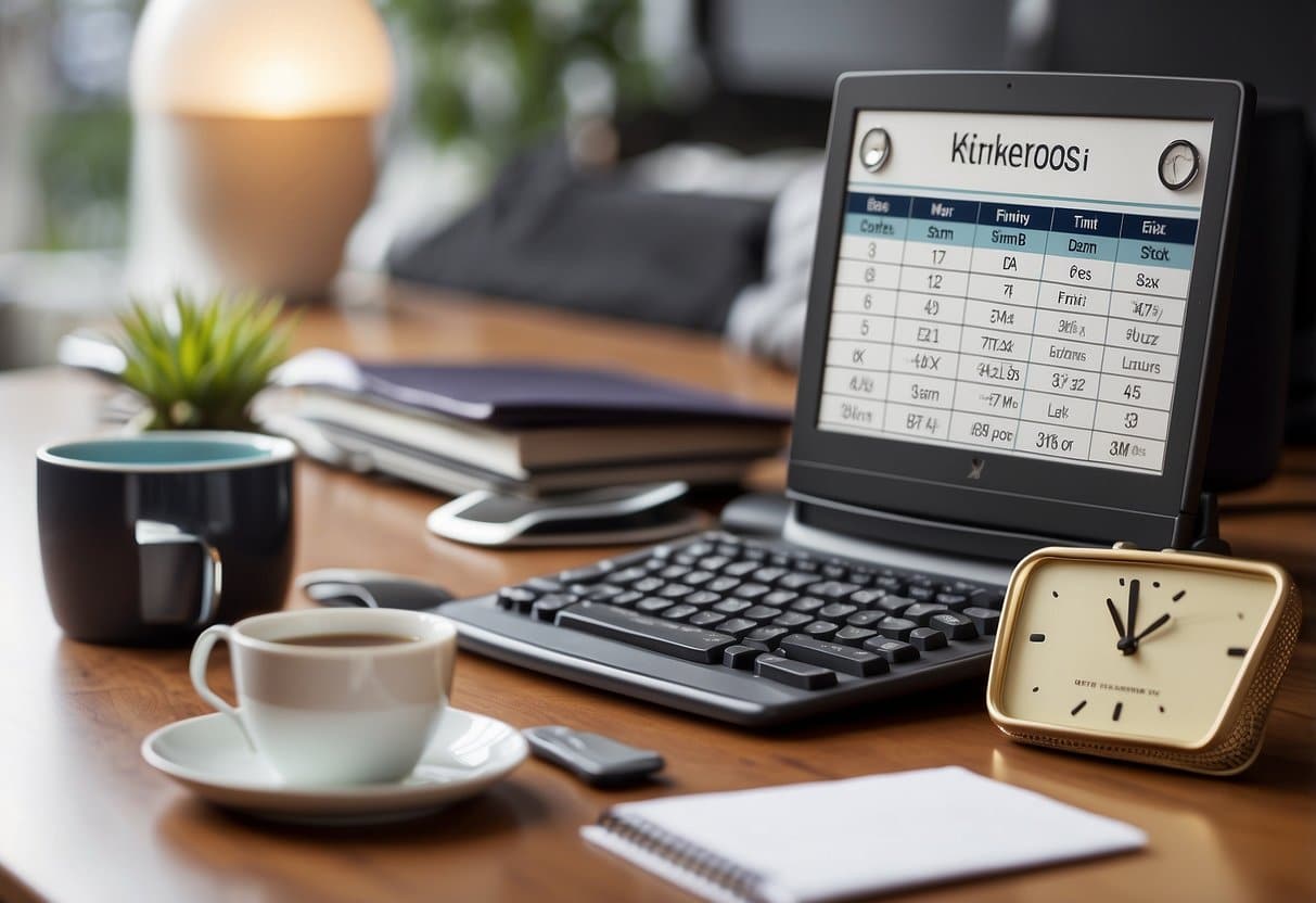 A desk with a neatly organized revision timetable, a clock showing short breaks, a cup of tea, and a comfortable chair