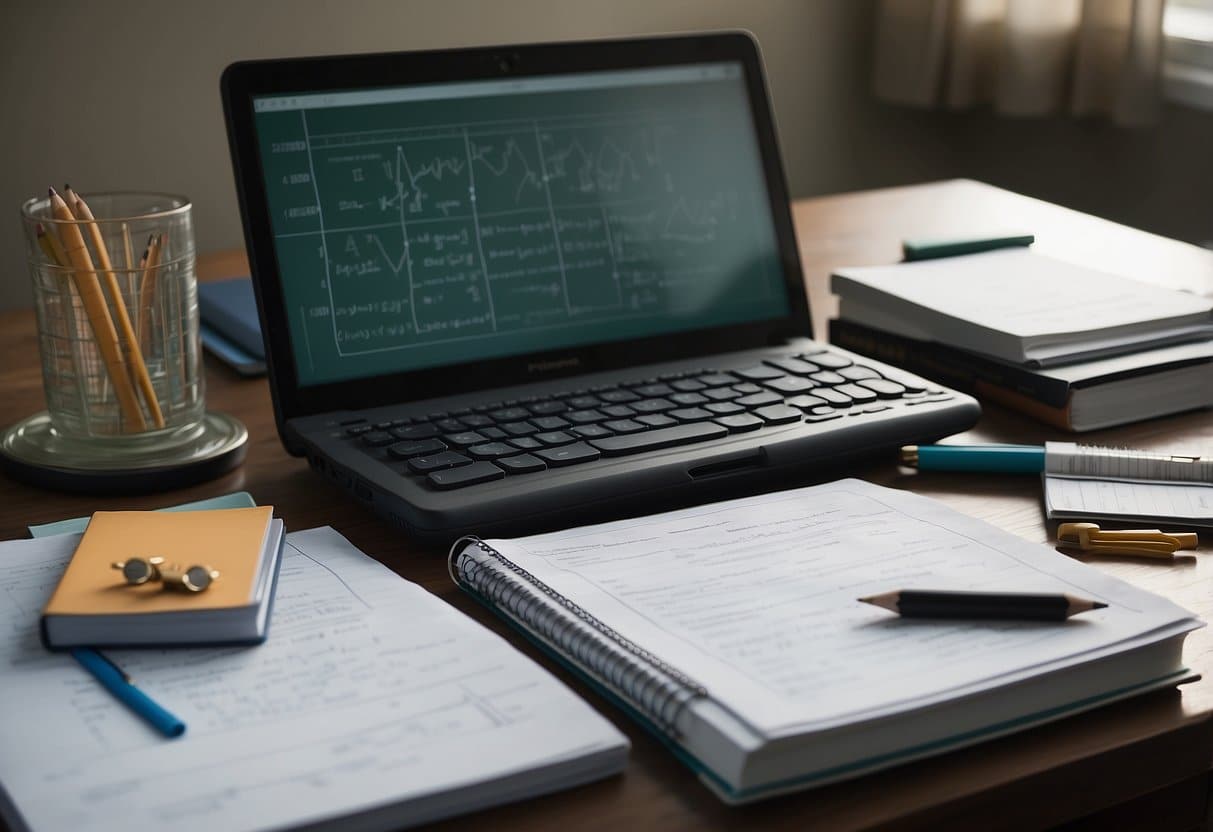 A desk with various math textbooks and notebooks, a calculator, and a pencil. A whiteboard with math equations and diagrams. A computer with online math resources