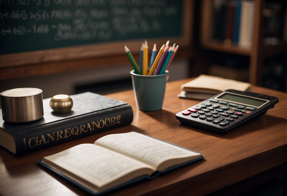 A group of books and notebooks arranged neatly on a desk, with a pencil and calculator placed next to them. A chalkboard in the background displays mathematical equations and formulas