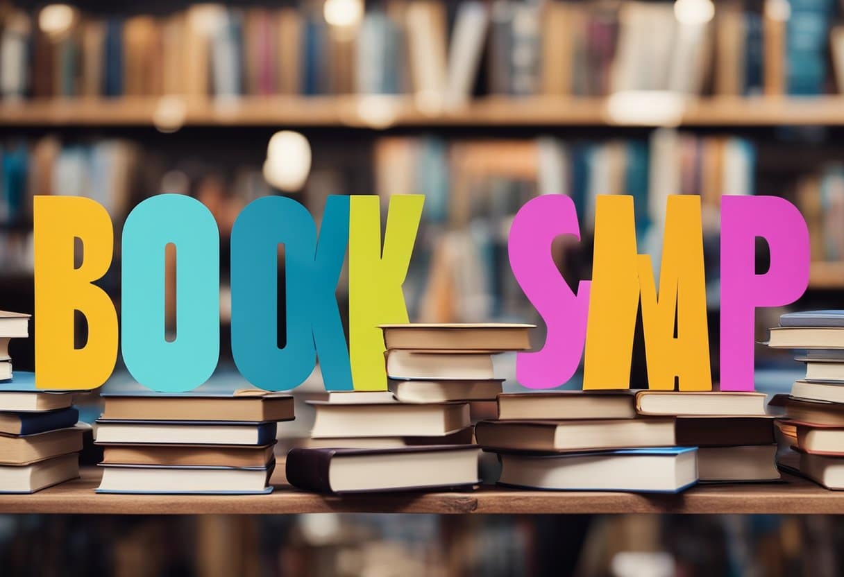A colorful array of books arranged on tables, with people browsing and swapping titles. A banner reads "Book Swap Event" in bold letters