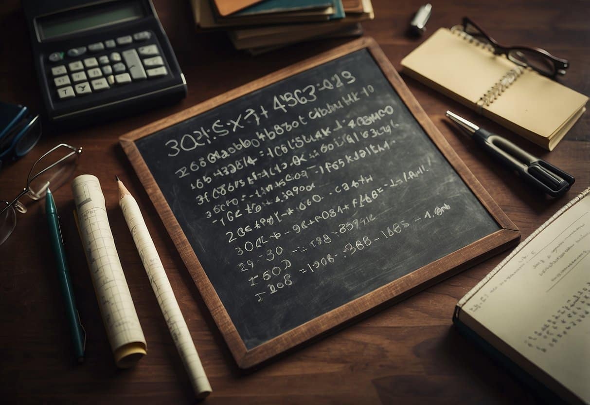 A chalkboard with equations, numbers, and geometric shapes. A stack of math books and a calculator on a desk. A person holding a pencil and paper, looking determined