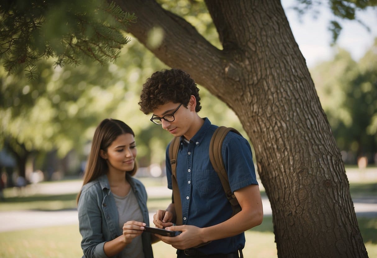 A student using a ruler to measure the height of a tree, while another student uses a calculator to solve a real-world word problem