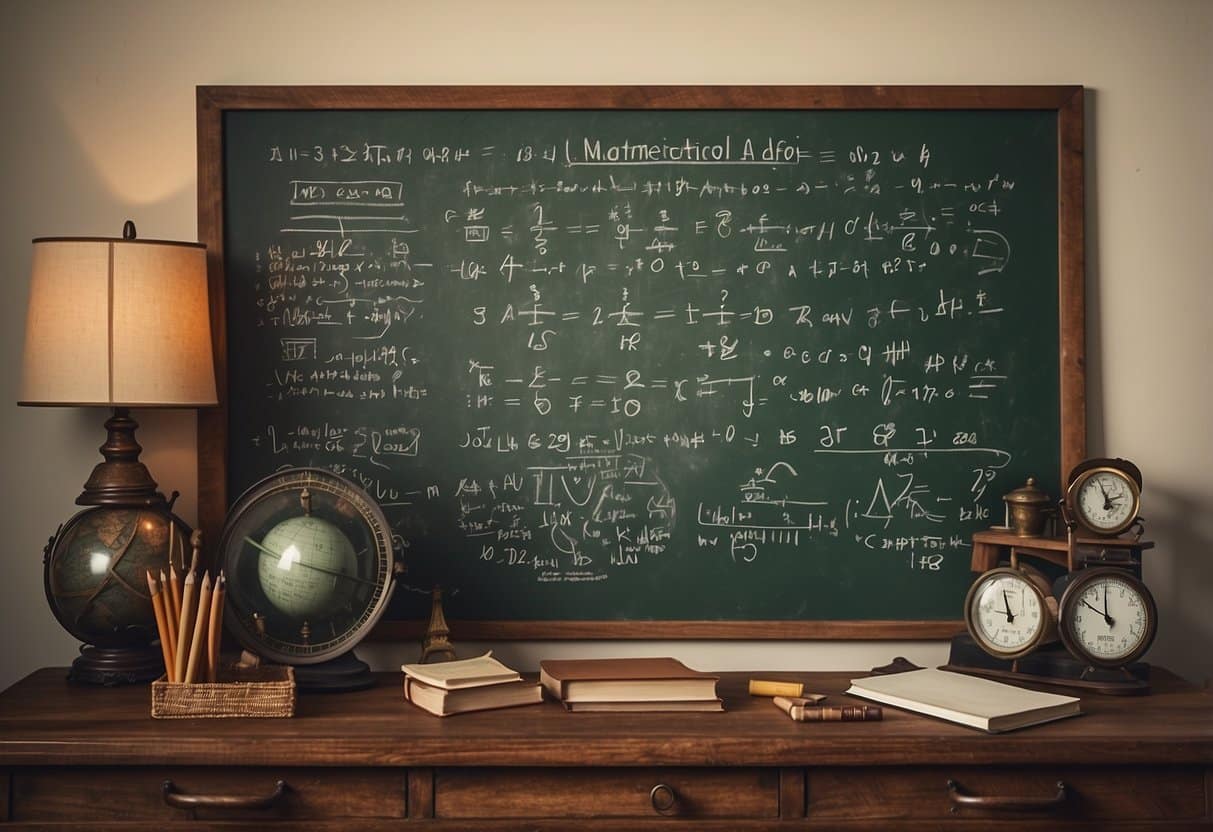 A chalkboard with equations, graphs, and mathematical symbols. Textbooks and a calculator on a desk. A ruler, protractor, and compass nearby