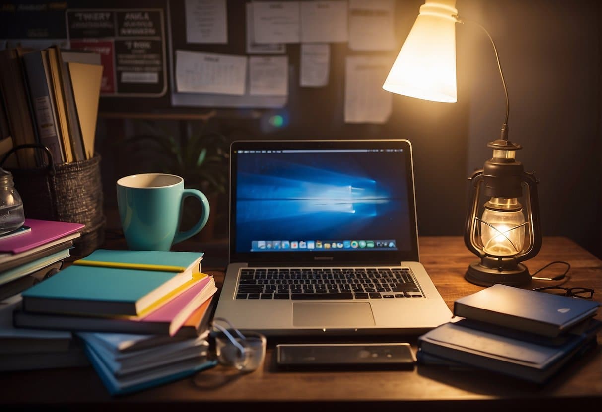 A cluttered desk with motivational posters, colorful notebooks, and a calendar. A bright lamp illuminates the space, while a laptop and textbooks sit open. An empty coffee mug and a water bottle are nearby
