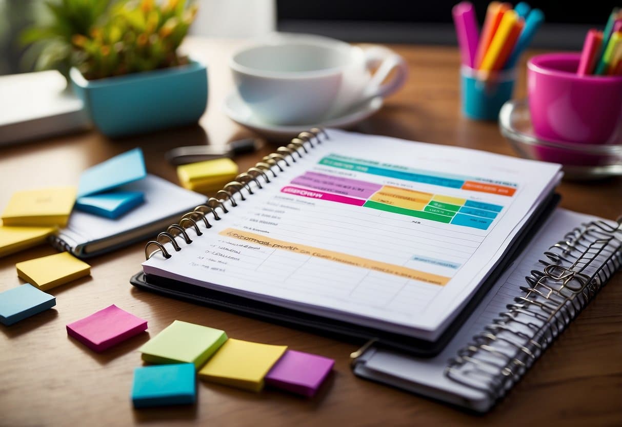 A planner or calendar sits open on a desk, surrounded by colorful pens and sticky notes. The pages are filled with study schedules, goals, and motivational quotes