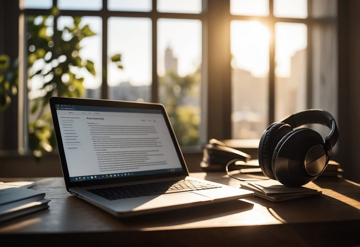 A desk with open textbooks, a laptop, and headphones. A motivational poster on the wall. Sunlight streaming through a window