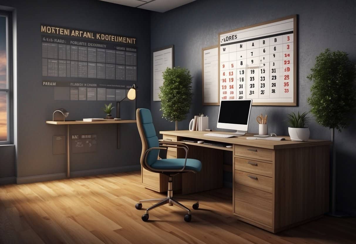 A desk with completed assignments, a calendar with marked deadlines, and a reward chart with checkmarks. A motivational quote on the wall