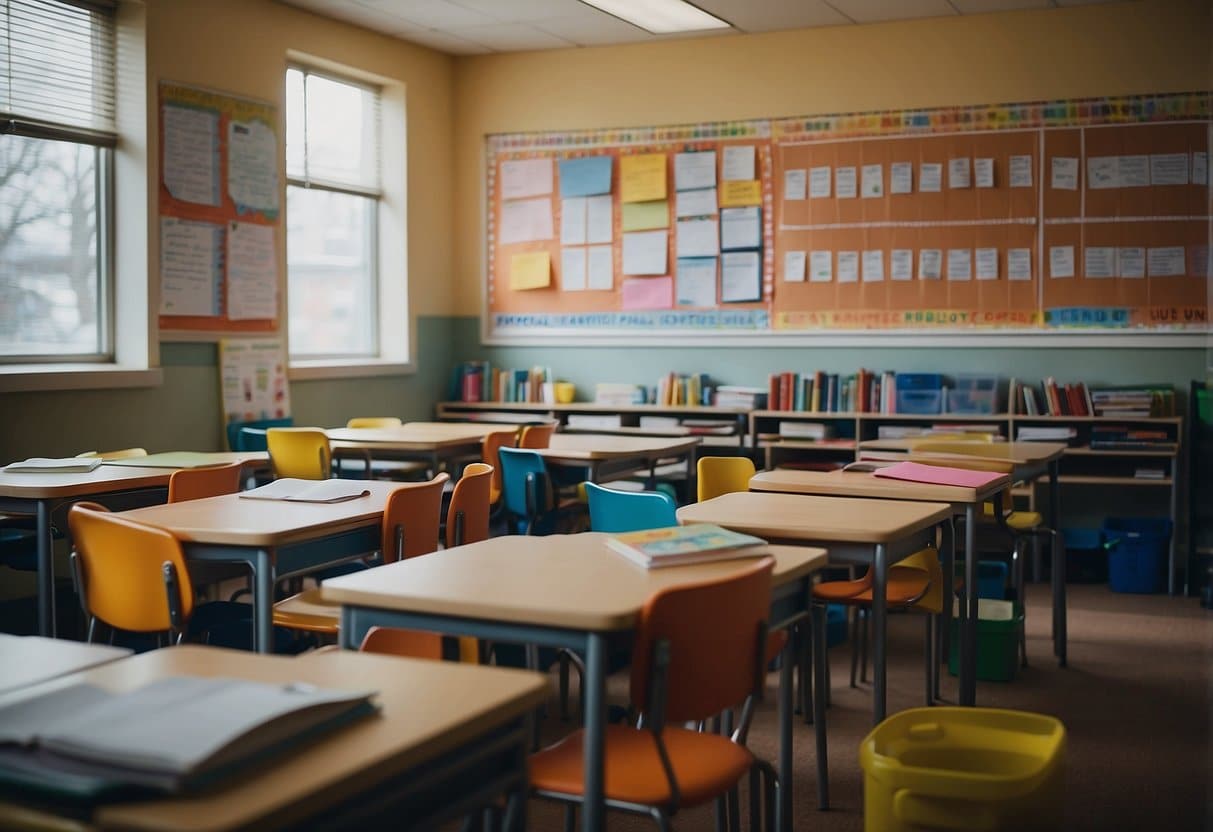 A bright classroom with colorful posters, natural light, and organized desks. Books and school supplies neatly arranged. A motivational quote displayed prominently