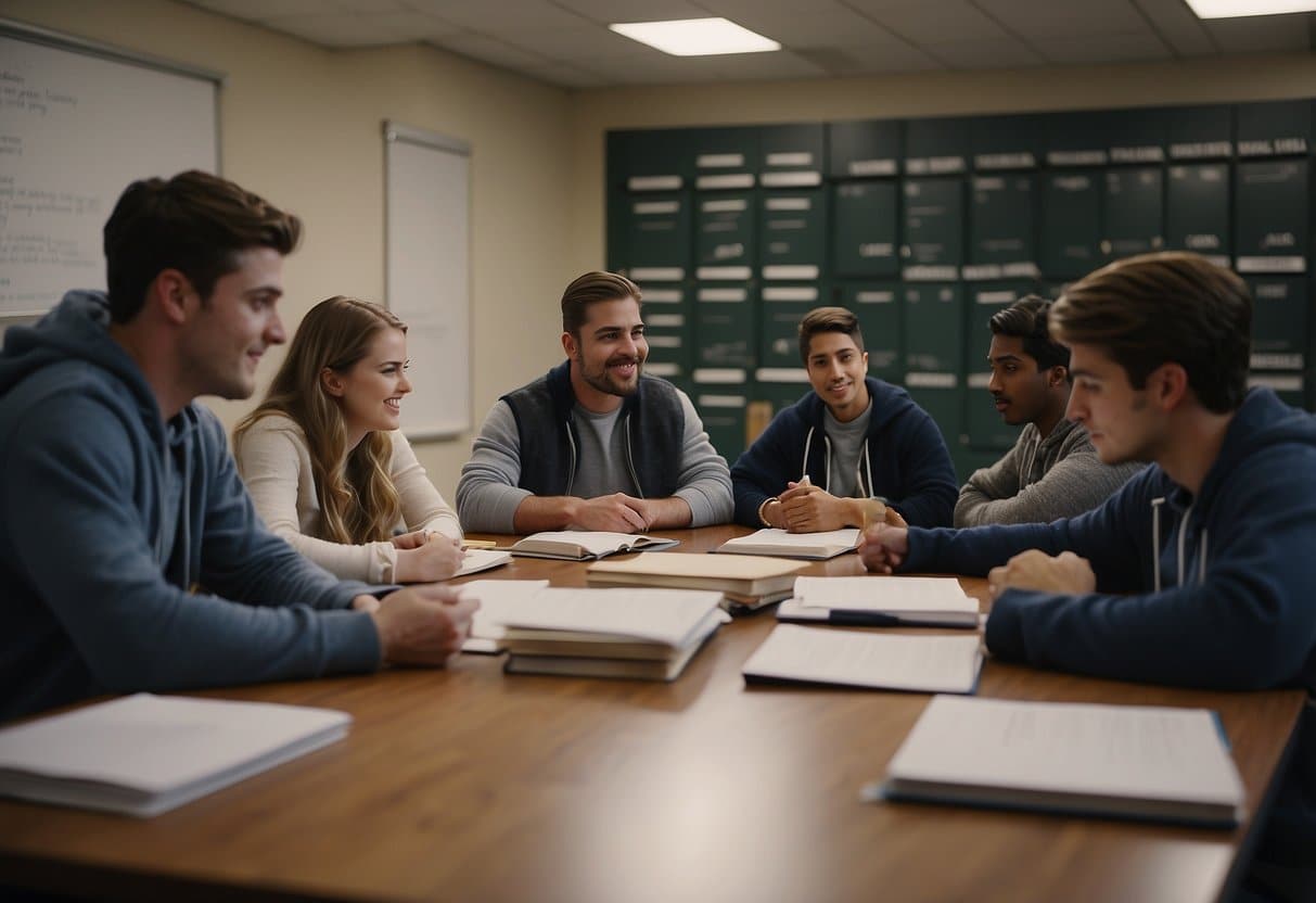 Students gather around a table, books and notebooks open. One student leads the discussion, while others listen and take notes. The room is filled with the energy of collaboration and determination