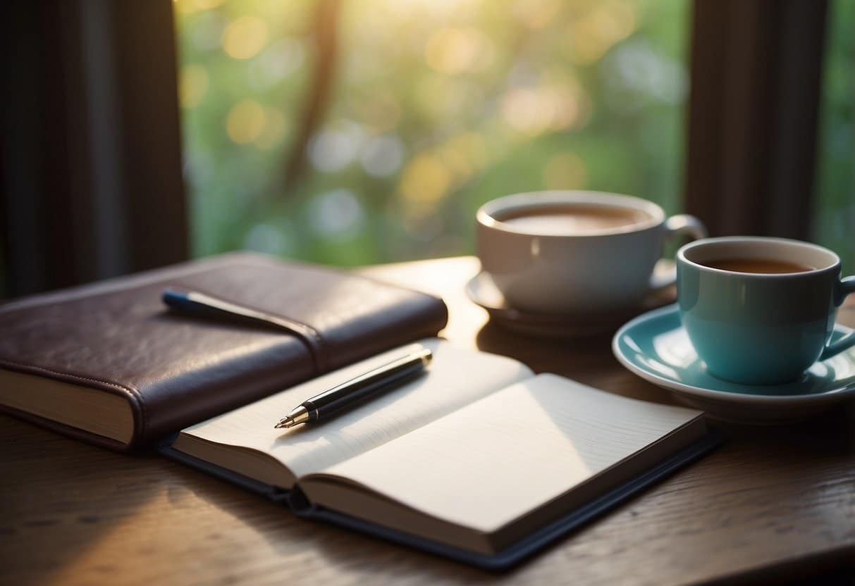 A blank notebook surrounded by colorful pens, a cozy writing nook with soft lighting, a cup of tea, and a window showing a peaceful natural view