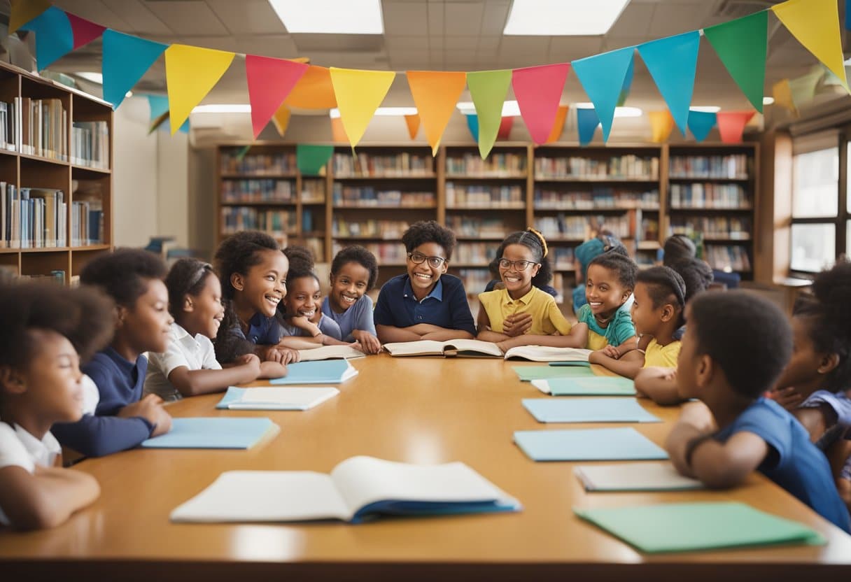 A colorful banner hangs above a table filled with books. A group of children sit in a circle, reading and discussing their favorite stories. A librarian leads a storytelling session in the corner