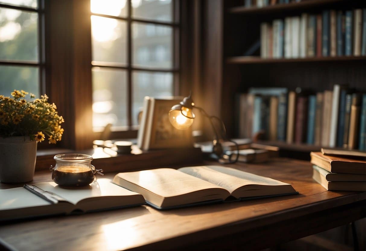 A cozy writing space with a desk, journal, and pen. Soft light filters through the window, casting a warm glow. A bookshelf filled with inspiring novels and poetry collections stands nearby