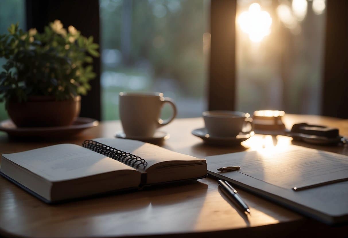 A desk with a notebook, pen, and calming decor. A cozy chair and soft lighting. A serene atmosphere for writing therapy