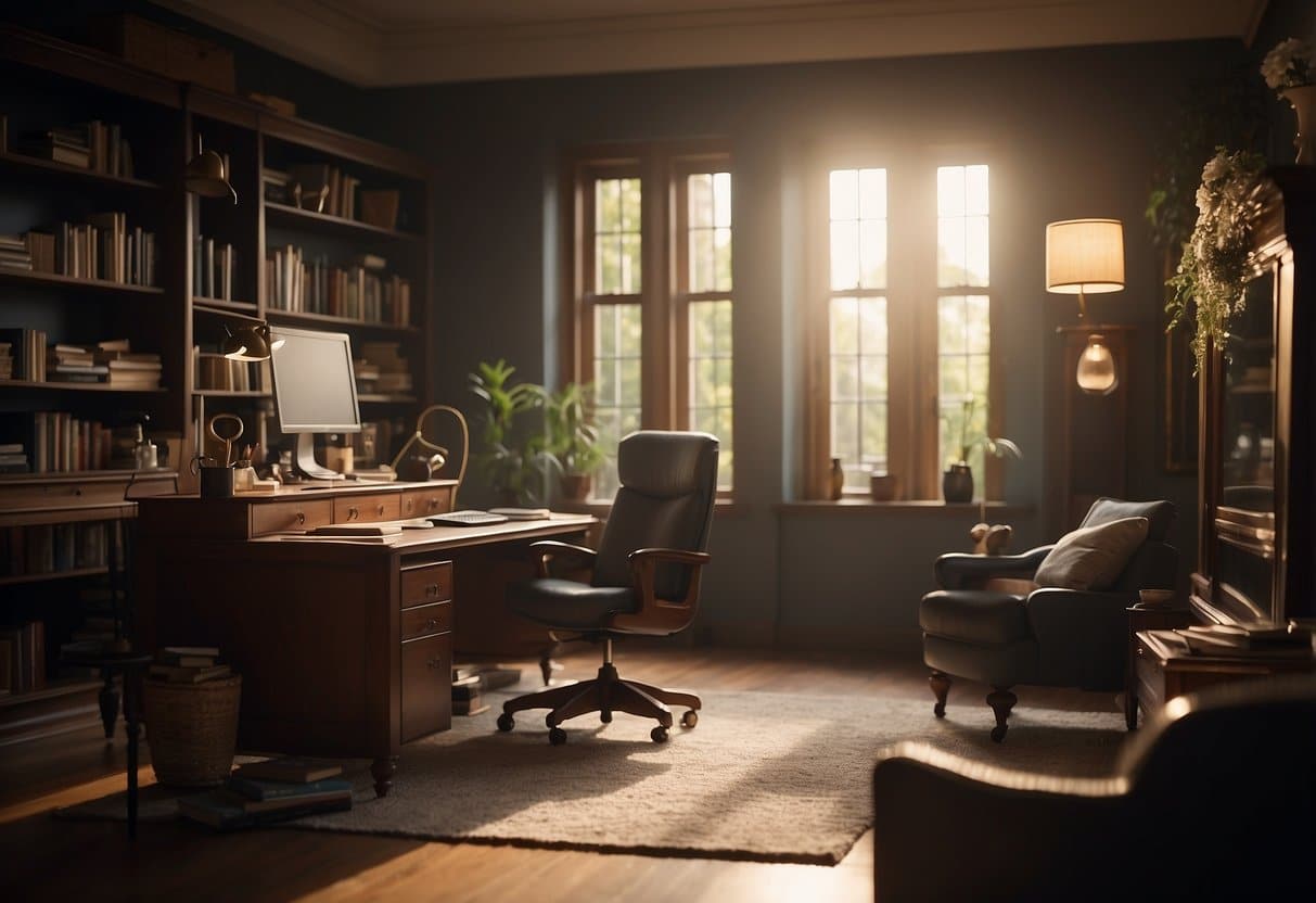 A cozy room with a desk, paper, and pen. Soft lighting and a comfortable chair. A sense of calm and focus in the air
