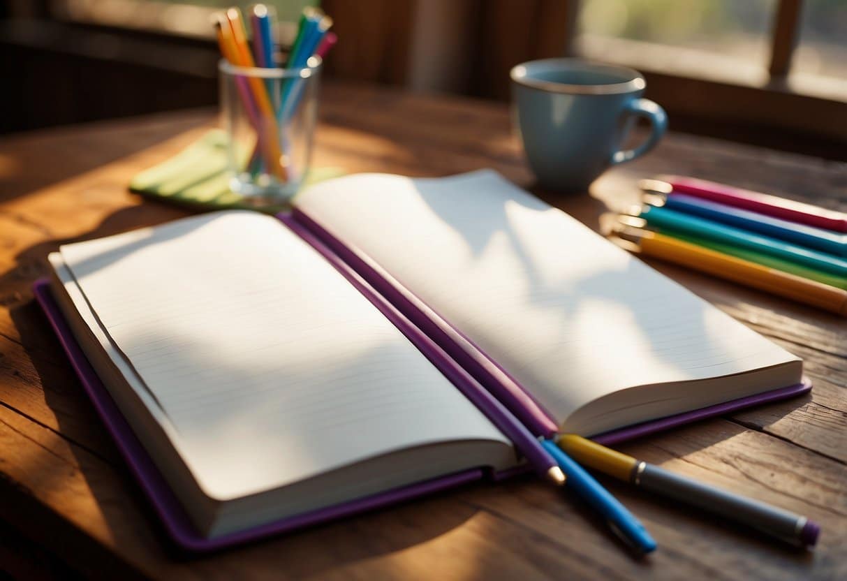 A blank notebook sits on a wooden desk, surrounded by colorful pens and pencils. The window is open, letting in the warm sunlight. A list of ten goals is written neatly on the page