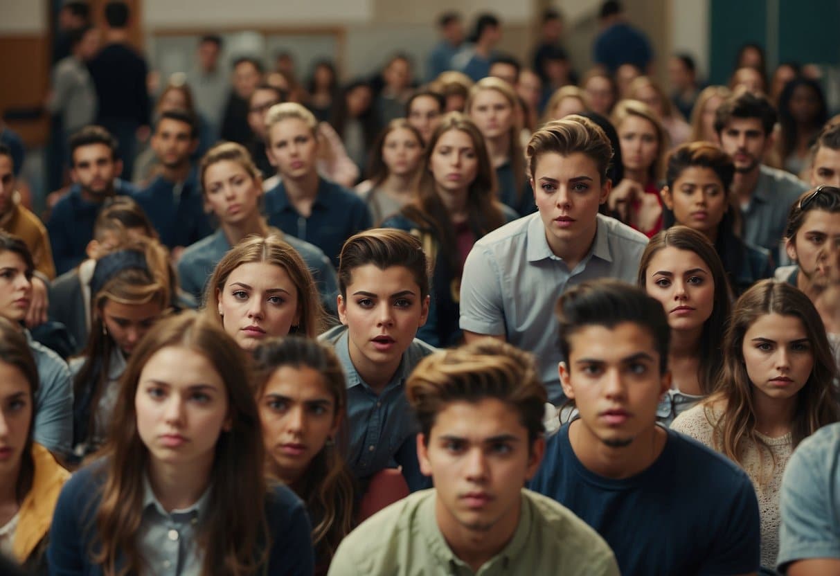 Students gather in a crowded classroom, avoiding isolated areas. A bully lurks, but the atmosphere is one of solidarity and support