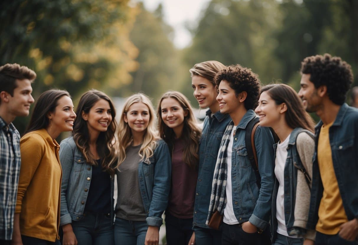 A group of students huddle together, pointing and whispering at one lone figure. The figure stands tall, head held high, exuding confidence in the face of adversity