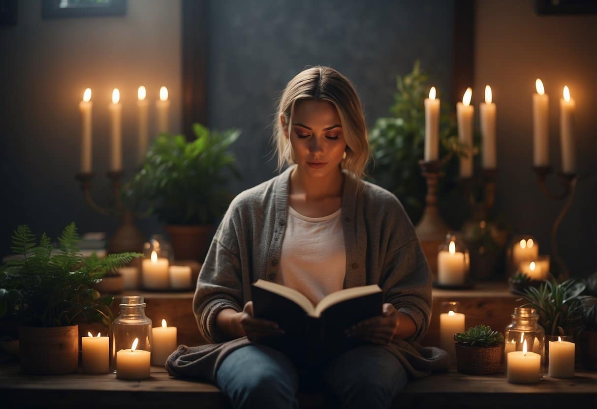 A serene figure surrounded by calming elements like candles, plants, and a journal, practicing self-care activities to combat the effects of classroom bullies