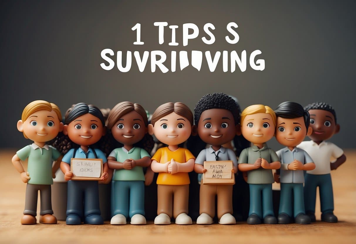 A group of diverse figures stand together, offering support and solidarity. A banner with "10 Tips For Surviving Classroom Bullies" is prominently displayed. The figures are engaged in conversation, showing empathy and understanding