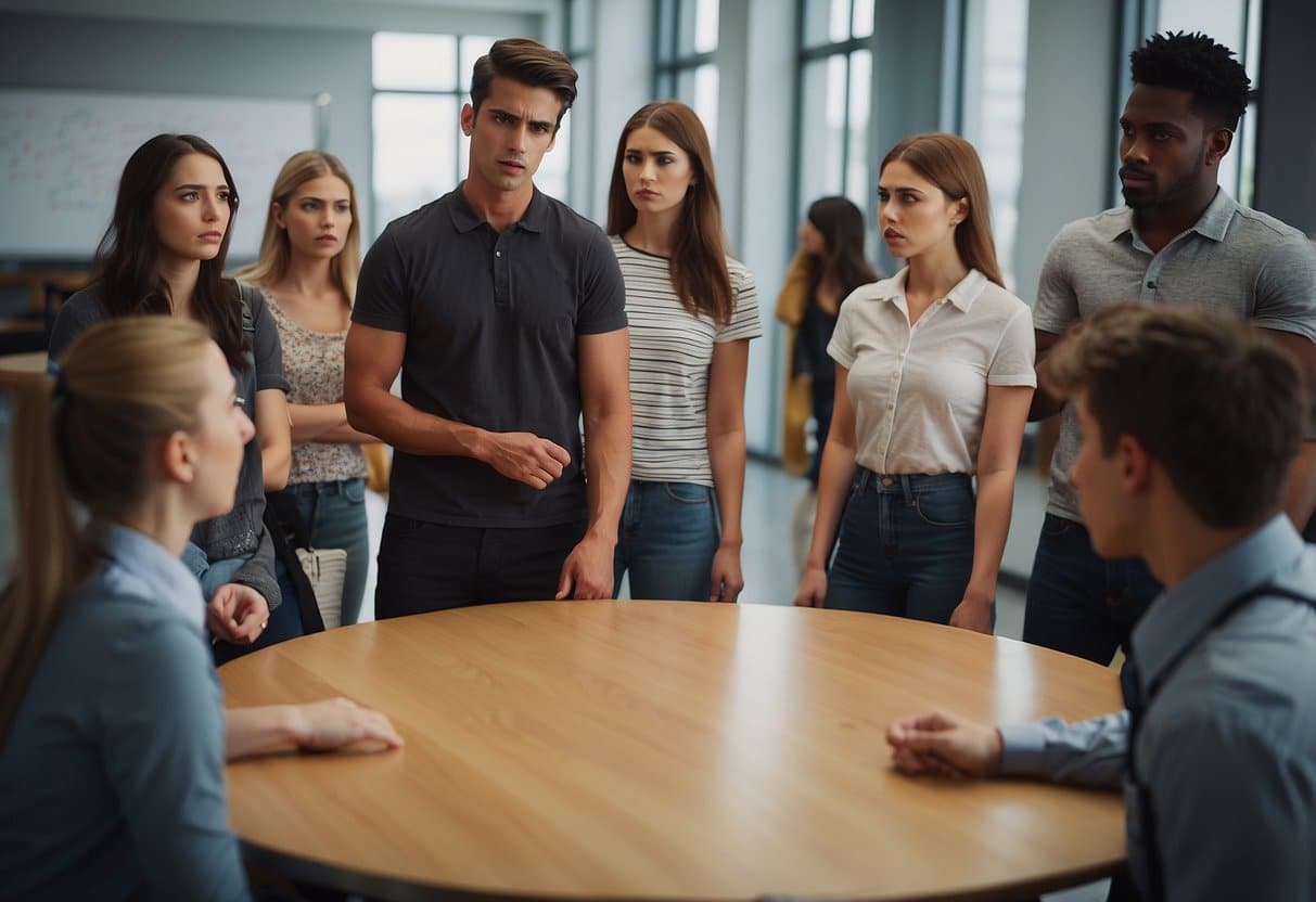 A group of students stand in a circle, one looking upset while another looks aggressive. Others watch nervously. A teacher approaches with a calm demeanor