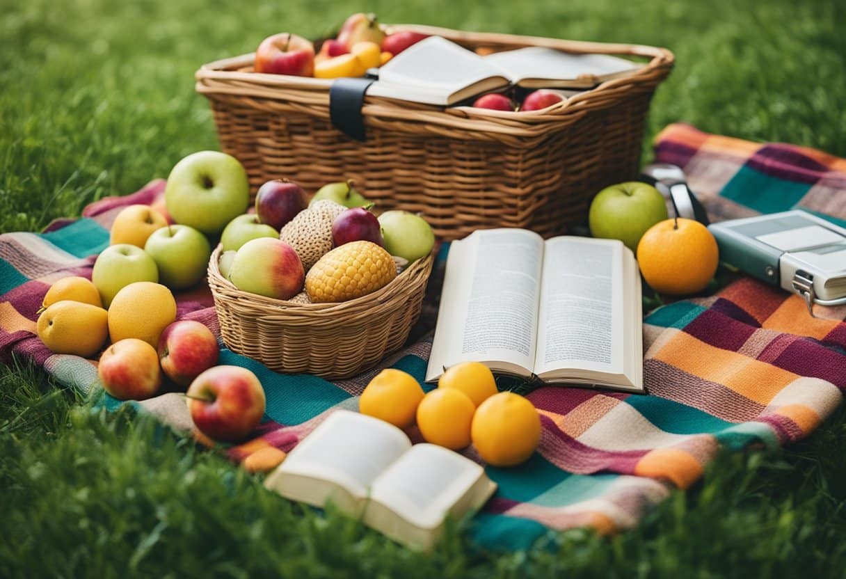 A colorful picnic blanket spread out on green grass, surrounded by books, a basket of fruit, and a stack of open books