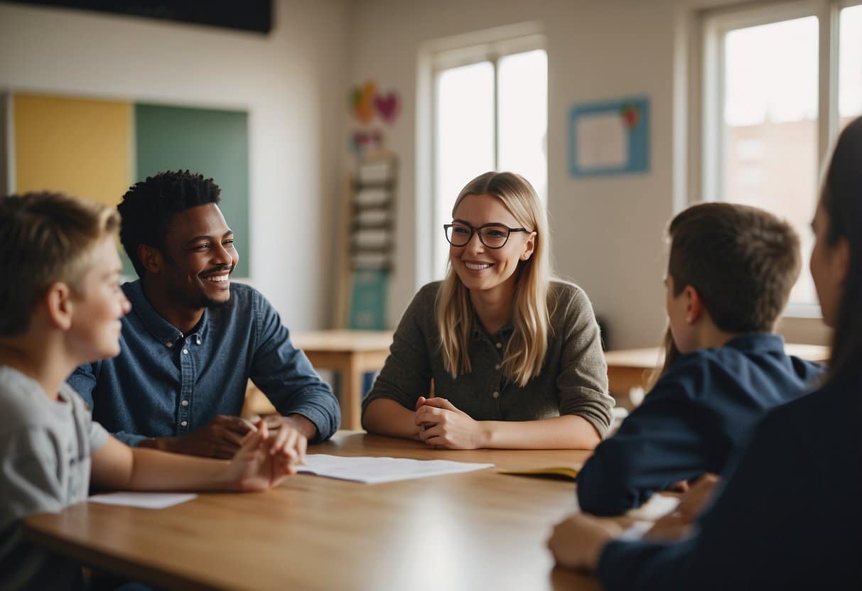 A teacher and a group of students sitting in a circle, engaged in conversation and activities. Smiles and laughter fill the room, showcasing a strong bond and positive relationships