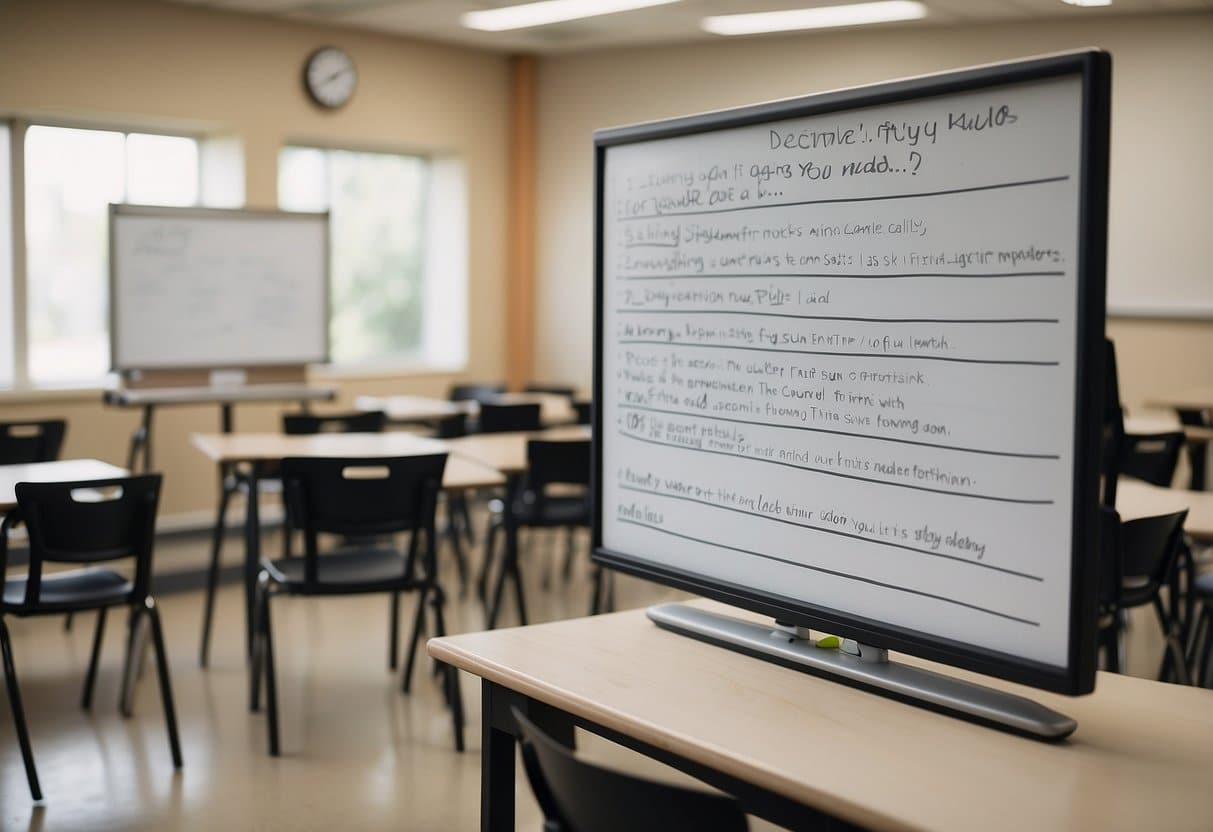 A classroom with diverse learning materials, a whiteboard with "Identify Student Needs Early" written on it, and a list of "10 Tips For Surviving Teaching" displayed prominently