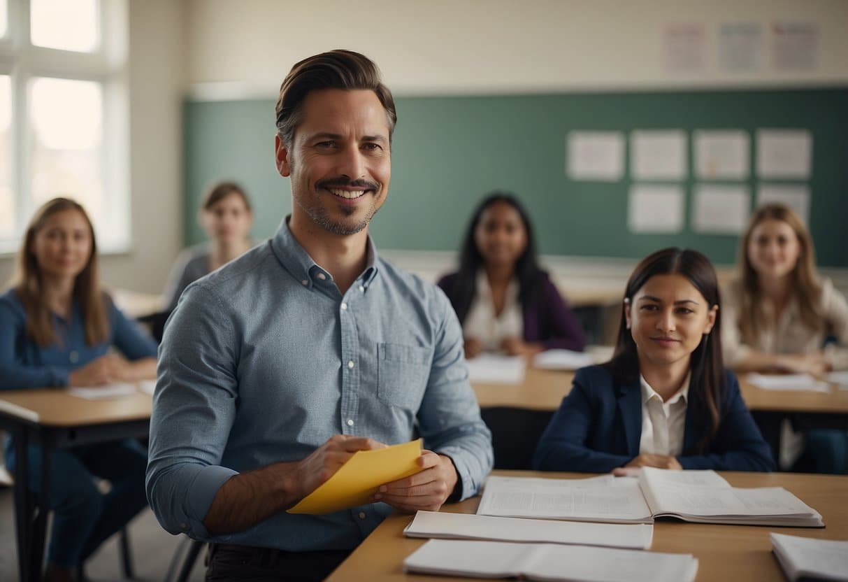A classroom with a teacher at the front, surrounded by visual aids and educational materials. The teacher appears confident and engaged, while students are actively participating in the lesson