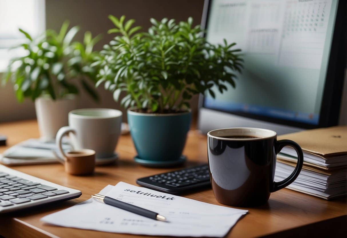 A desk cluttered with papers, books, and a laptop. A mug of coffee sits next to a stack of graded papers. A calendar on the wall is marked with deadlines. A potted plant adds a touch of greenery