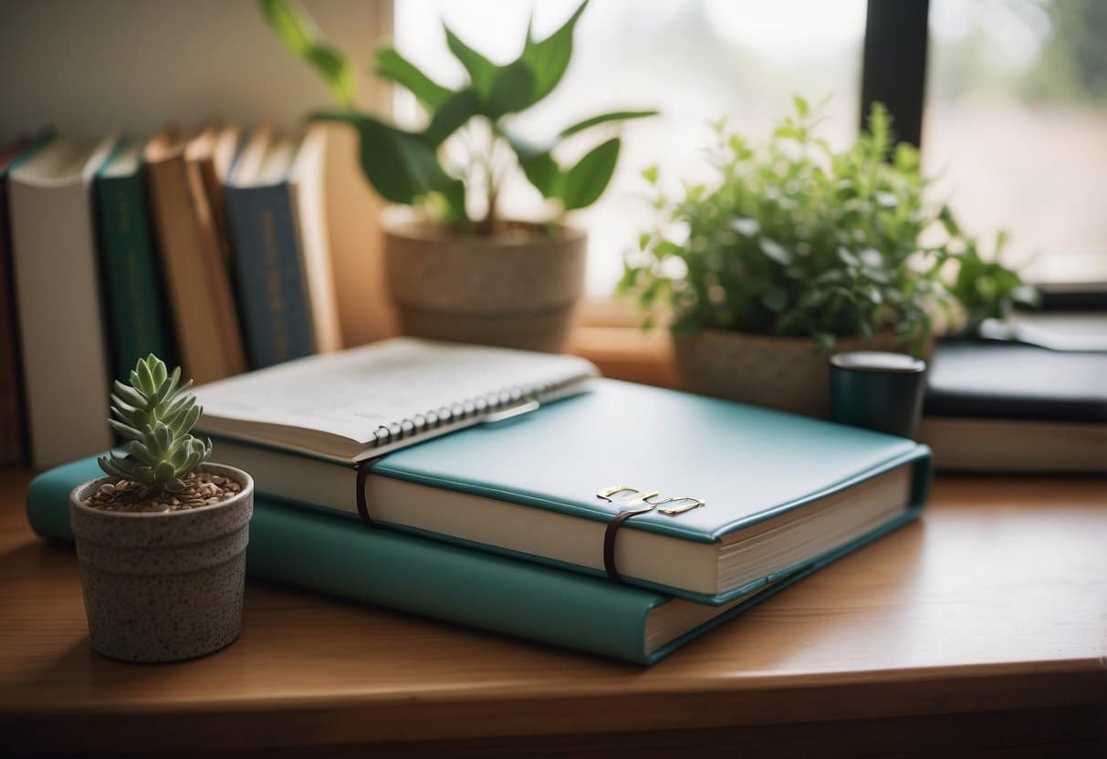 A serene classroom with natural lighting, plants, and calming colors. A desk with a neatly organized planner, water bottle, and stress-relief tools. A cozy corner with cushions and books for relaxation