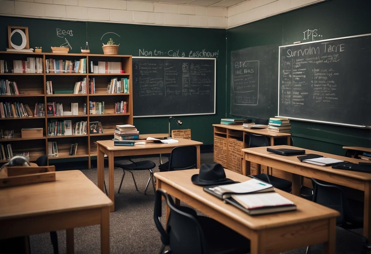 A classroom with a chalkboard filled with "10 Tips For Surviving Teaching". Books and educational materials scattered on desks. A teacher's desk with a laptop open to a best practices website