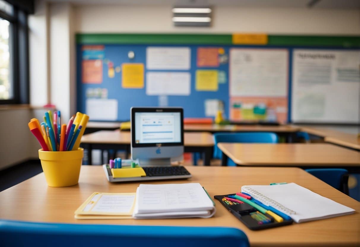 A colorful classroom with interactive displays, engaging visuals, and hands-on activities. A whiteboard filled with helpful tips and a teacher's desk with organized materials