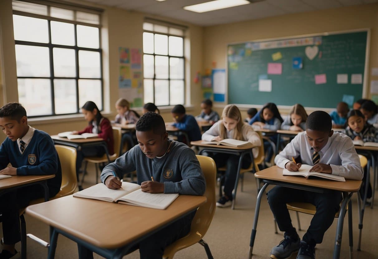 Students studying, writing, and reading at desks. Backpacks and school supplies scattered. Teacher at front of class. Bulletin boards with educational posters. Clock on the wall. Windows letting in natural light