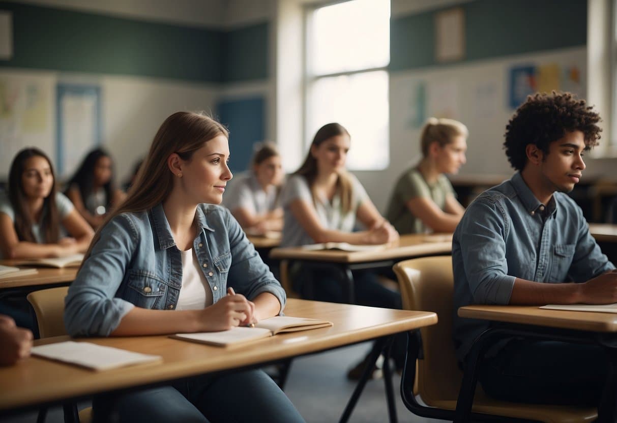 Students sitting in a classroom, listening to a teacher, taking notes, and participating in discussions. Books, notebooks, and pens on desks