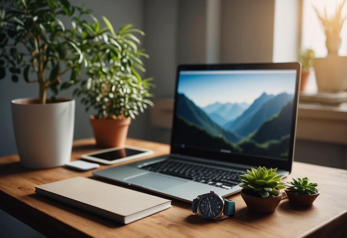 A desk with a laptop, textbooks, and a plant. A clock on the wall shows the time. A yoga mat and water bottle sit nearby