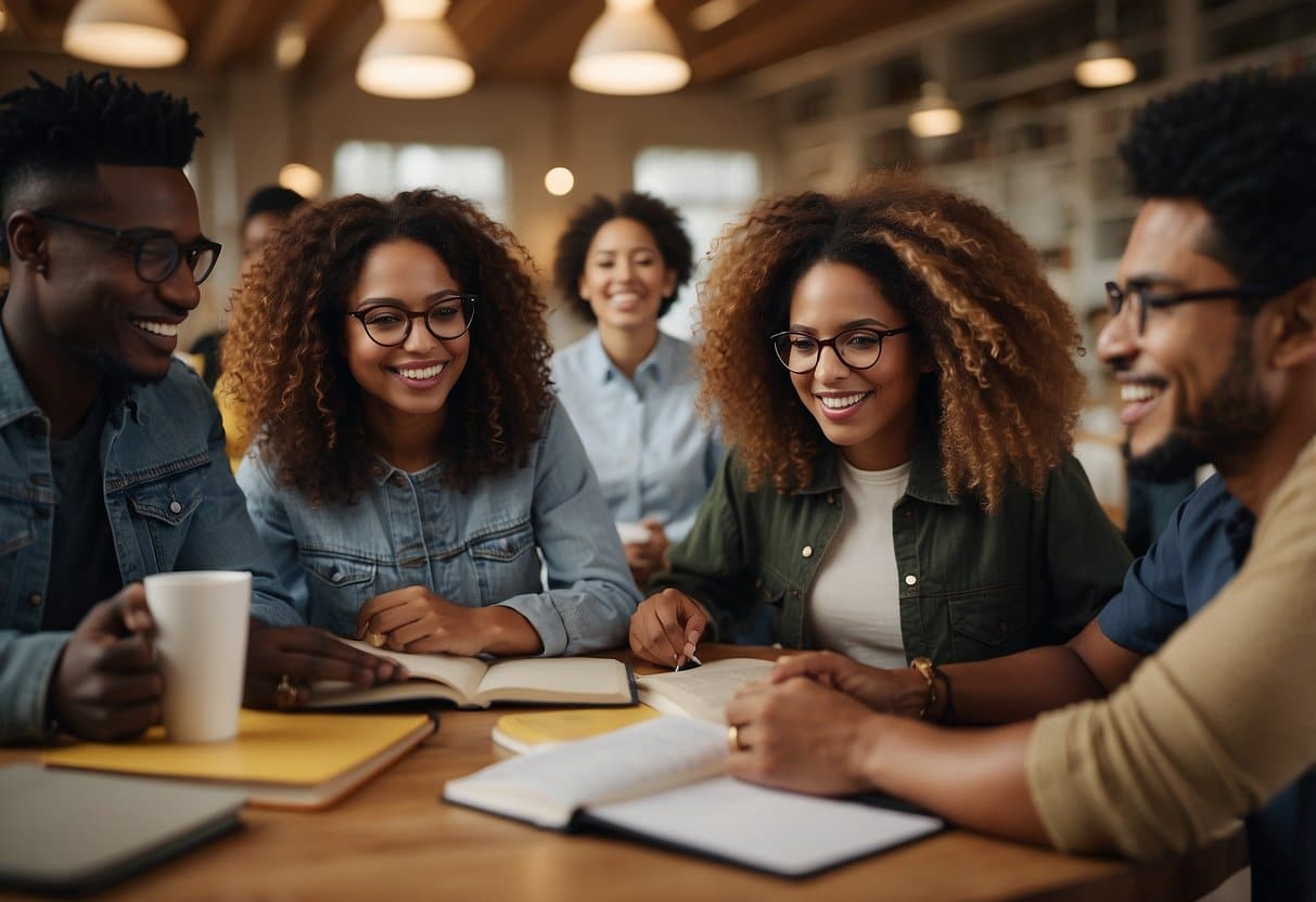 A group of diverse students gather around a table, books and notebooks scattered, discussing and sharing tips for surviving school