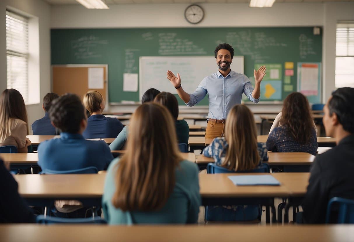 A group of students sitting in a classroom, raising their hands to ask questions while a teacher stands at the front, giving a presentation on a board