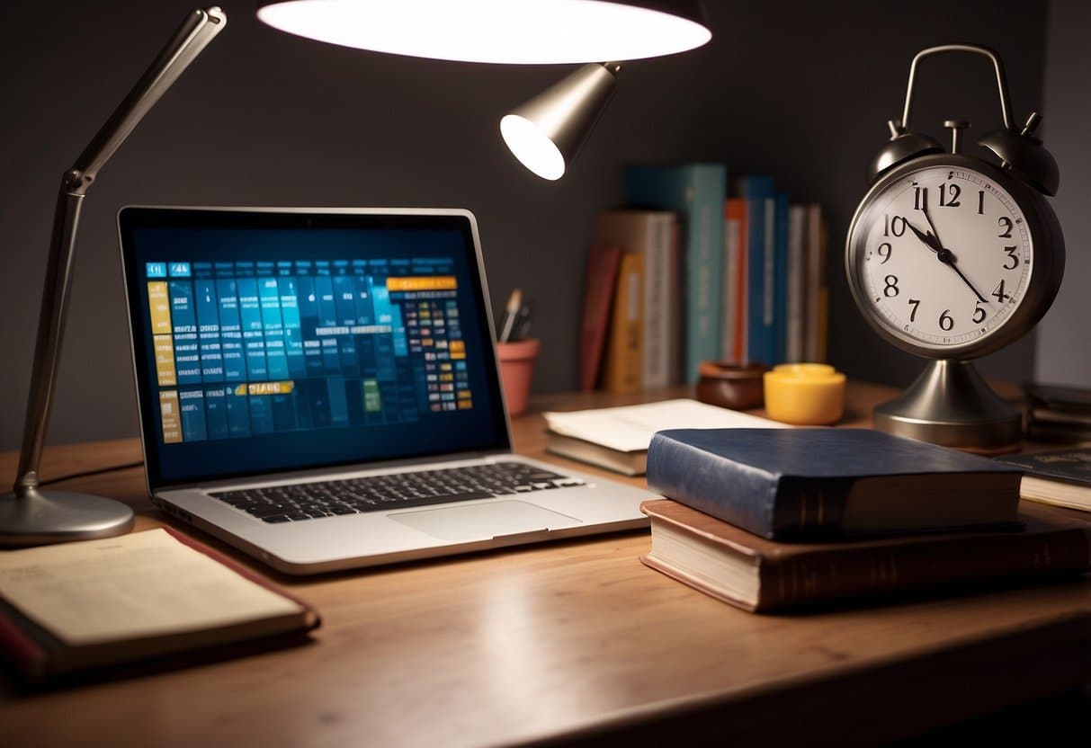 A desk with neatly organized books, notebooks, and a laptop. A calendar with important dates circled. A poster with study tips. A bright lamp illuminating the workspace