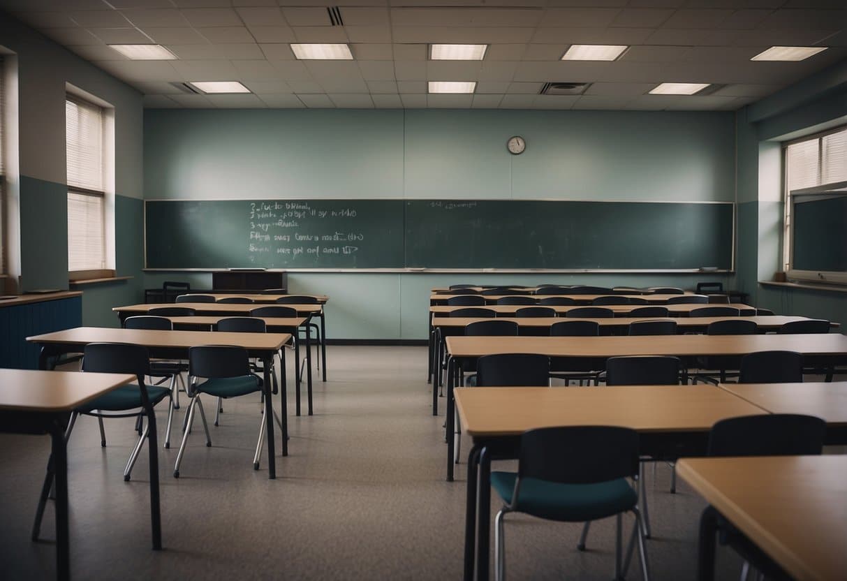 A classroom with desks arranged in neat rows, a whiteboard at the front, and a teacher standing in front of the class