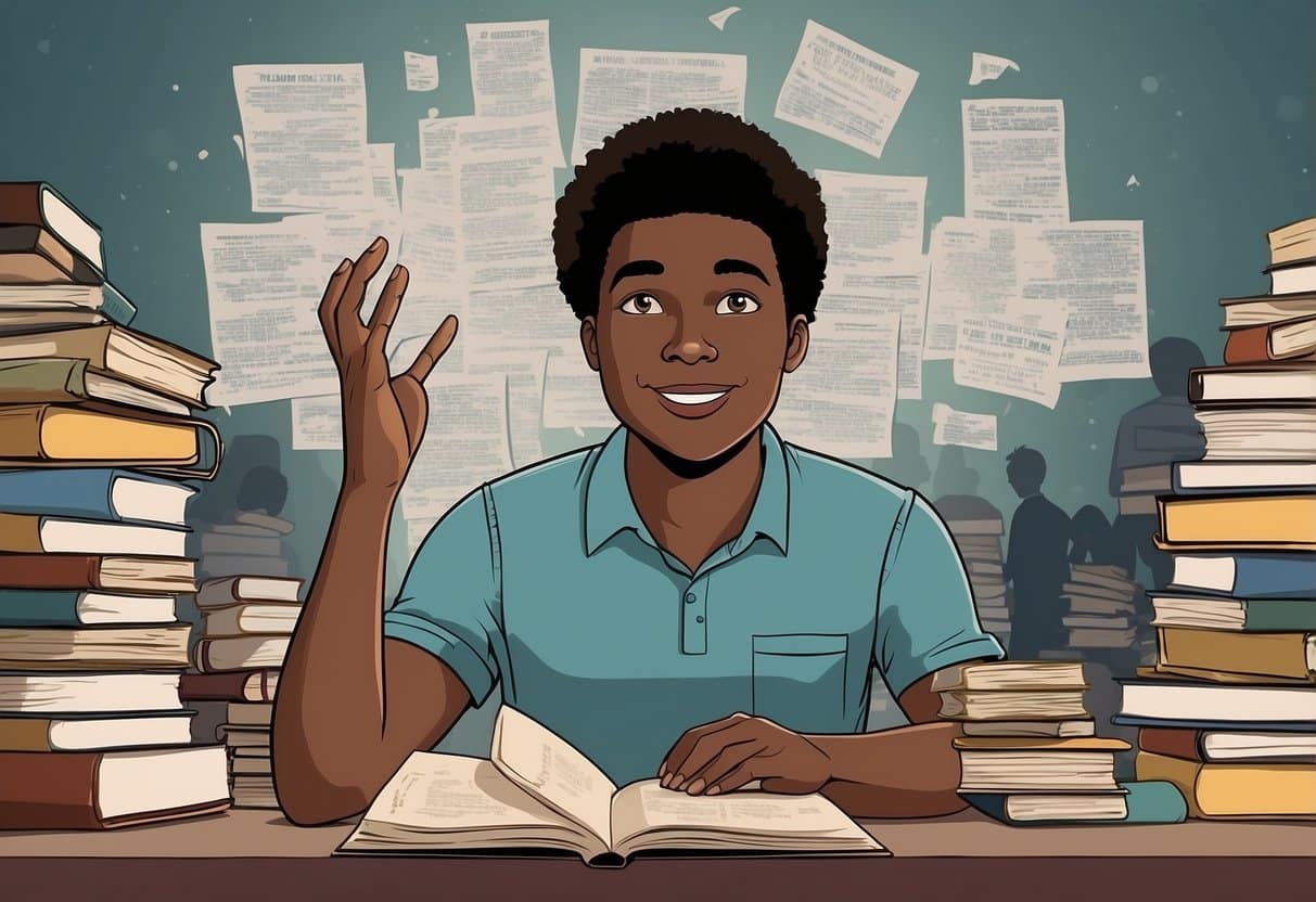 A student at a desk, surrounded by textbooks and notes, raises their hand to ask a question. A thought bubble with question marks hovers above their head
