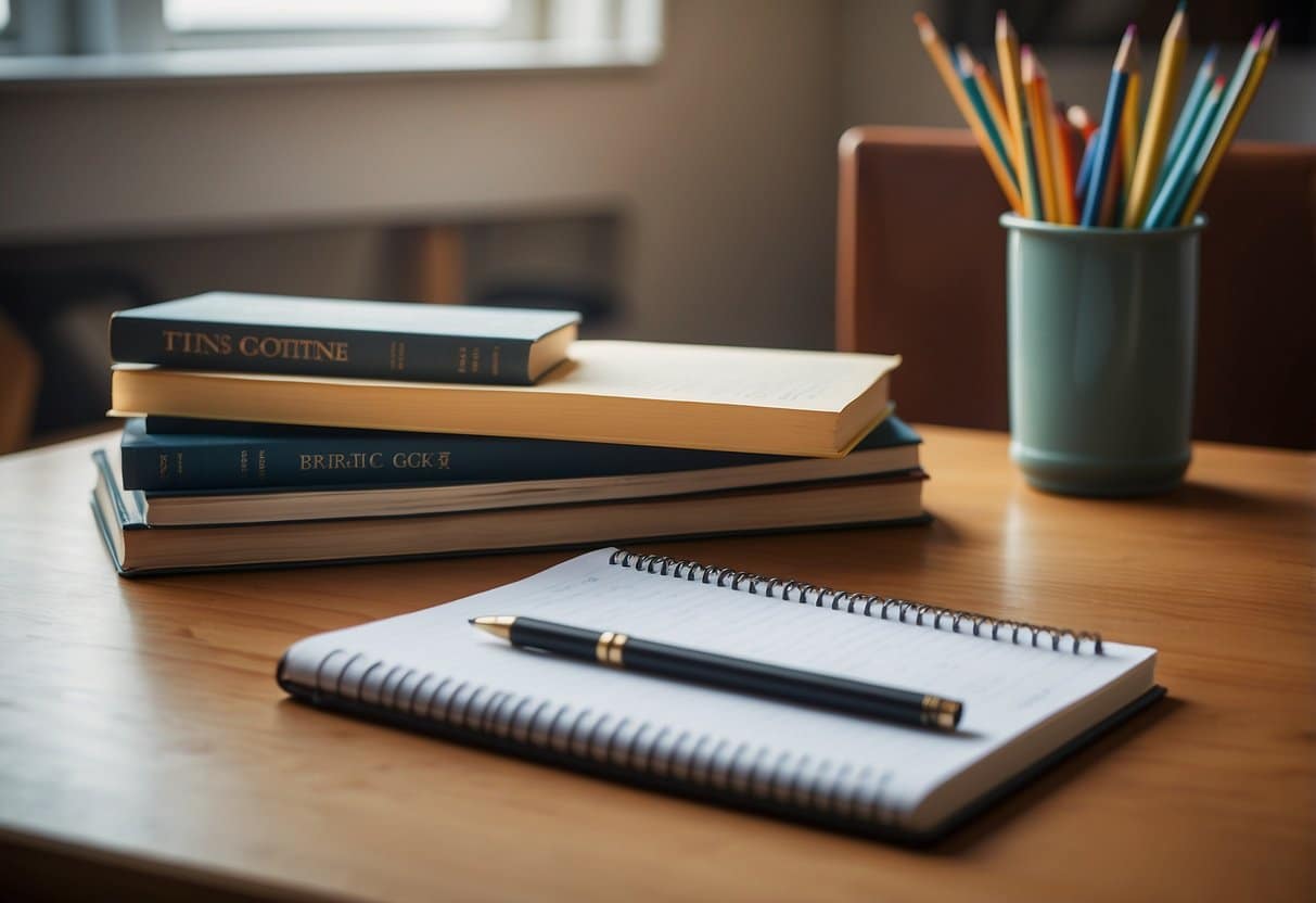 A group of books and notebooks arranged on a table, with a pencil and highlighter nearby. A poster on the wall displays "10 Tips For Getting Good Grades."