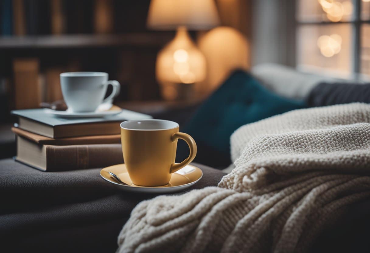 A stack of books surrounded by a cozy reading nook, with a warm blanket, a mug of tea, and a comfy chair